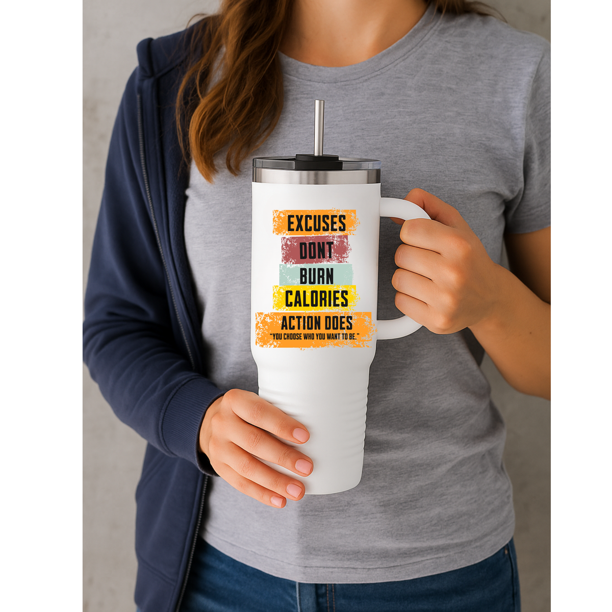 Excuses Don’t Burn Calories – Motivational 40oz Travel Mug | Gym Tumbler with Lid & Straw | Action Does Fitness Gift Cup