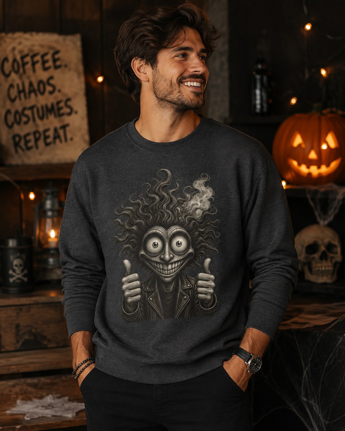 Grinning Monster Halloween Sweatshirt – Creepy Funny Crewneck