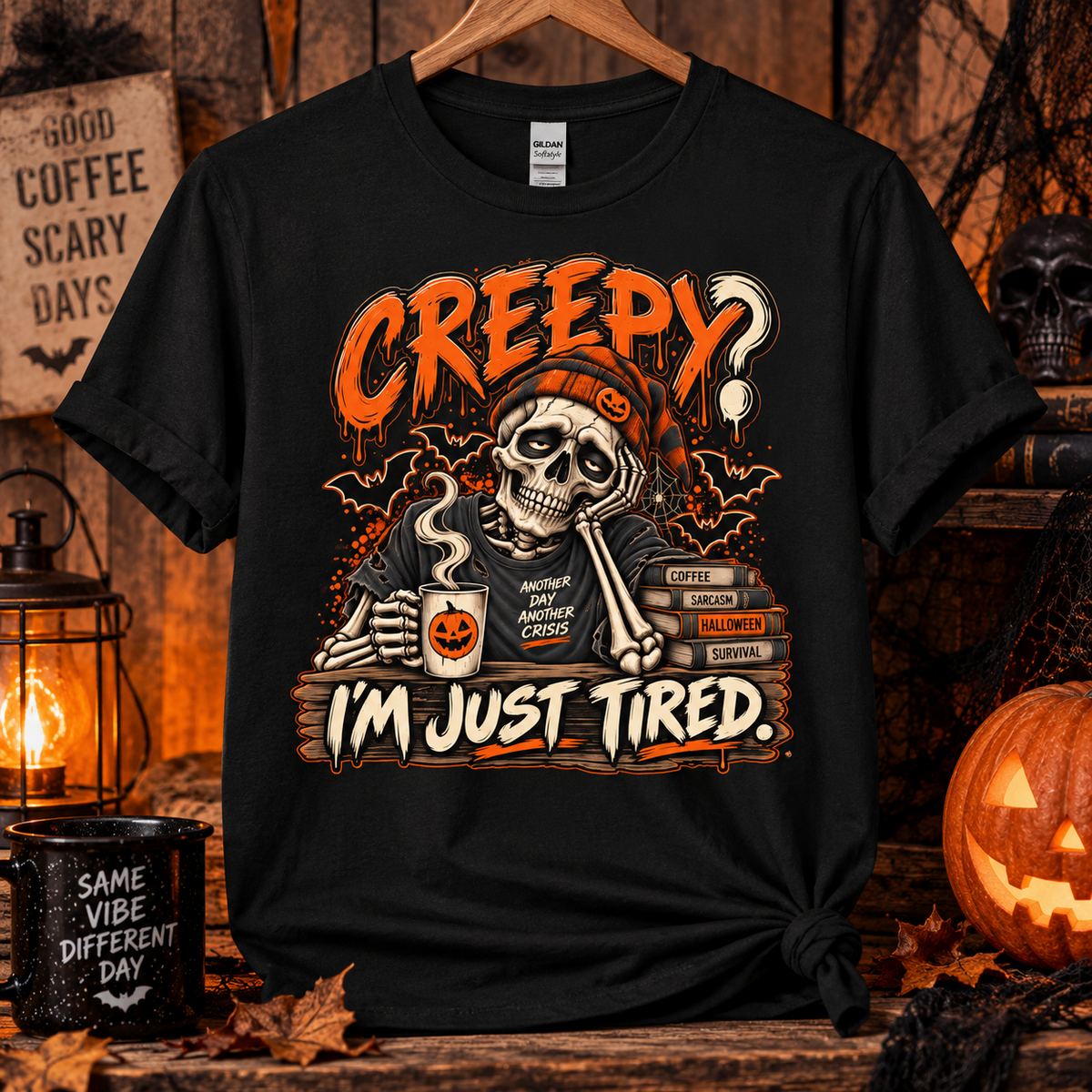 Creepy? I'm Just Tired – Funny Skeleton Halloween T-Shirt