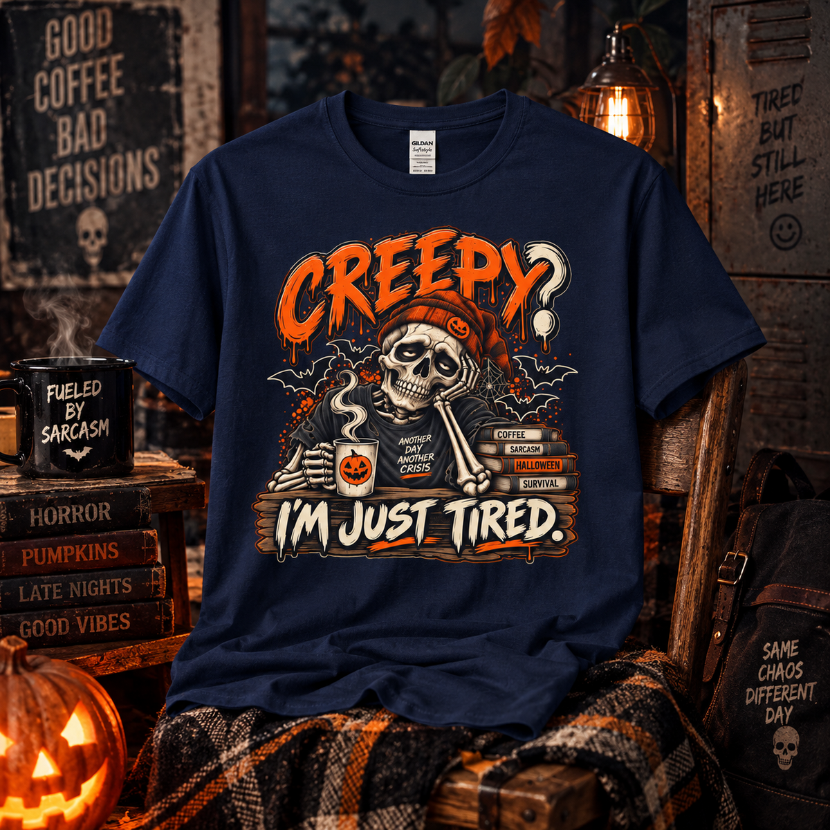 Creepy? I'm Just Tired – Funny Skeleton Halloween T-Shirt