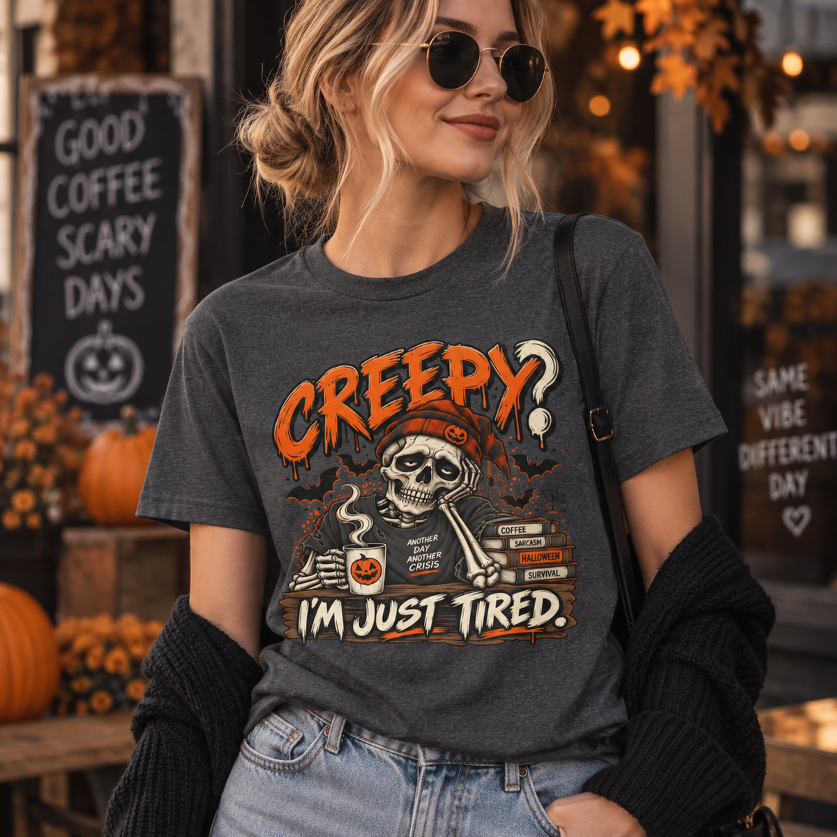 Creepy? I'm Just Tired – Funny Skeleton Halloween T-Shirt
